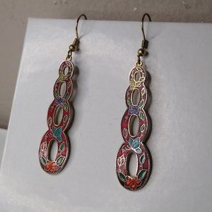Vintage Colorful Floral Long Metal Dangle Earrings